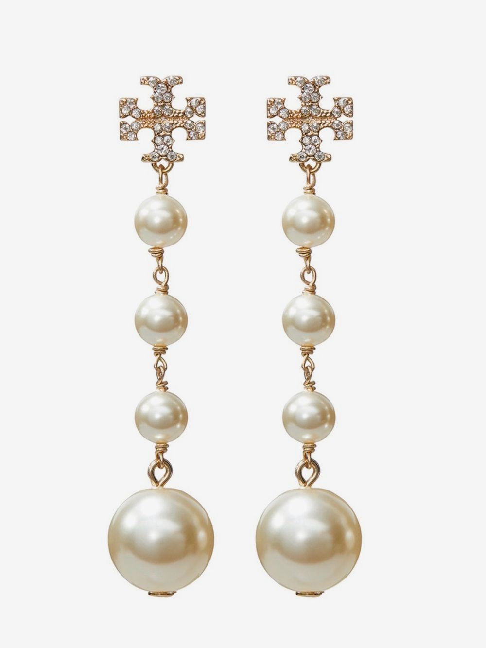 NWT Tory Burch Crystal Double T Logo Graduated Pearl Linear Drop Earrings 3"